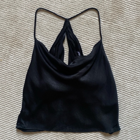 Zara Tops - Zara Satin Cowl Neck Open Back Strappy Crop Top Camisole Black Size XS